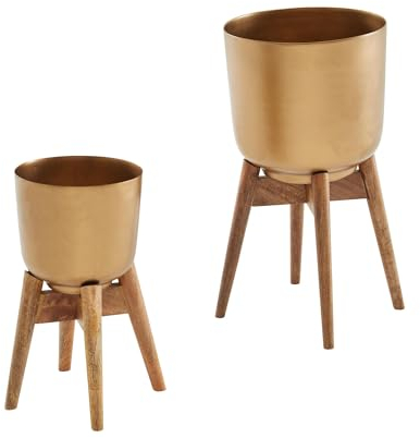 FineBuy Blumentopf 2er Set Metall/Massivholz Pflanzkübel Gold mit Füßen, Pflanzenkübel Rund, Blumenkübel Pflanzgefäß