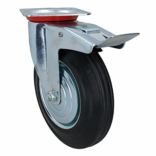 200mm (8in) HD Braked Castor Wheel Rubber Tyre for Trolleys Trucks Carts 1pc