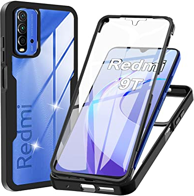 Hülle für Xiaomi Redmi 9T / Poco M3, Transparent 360 Grad Rundumschutz Schutzhülle mit Integriertem Displayschutz Stoßfest Ultradünn Silikon Handyhülle für Xiaomi Redmi 9T / Xiaomi Poco M3, Schwarz