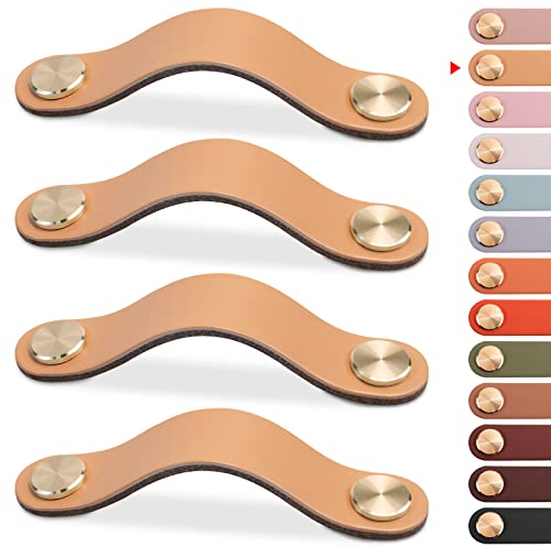 LEREATI 4pcs Poignée Meuble Cuir, Bouton Porte Placard Poignee Cuir Bouton de Tiroir, Poignee de Meuble Vintage pour Armoires, Commode, Cuisine, Salle de Bain (Beige, 128mm)