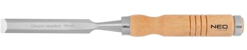 NEO TOOLS Holzmeißel, Meißel, Stechbeitel, Klingenbreite 10-38 mm (16mm) | Klinge aus CrV-Stahl, Holzgriff fur Komfort, Schlagverstärkung, Metallringe an den Griffen, Nachschärfbar