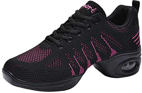 Chaussures de Jazz Femme Semelles Divisées Baskets de Danse Fille Résilience Maille Léger Dance Sneakers Running Shoes Noir/Rose 37