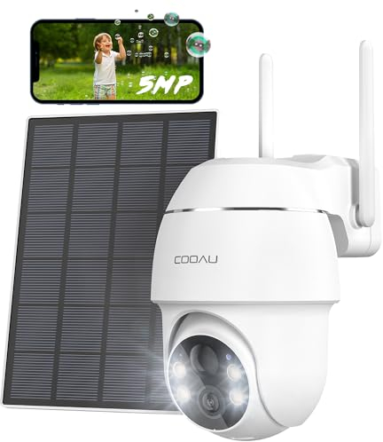 COOAU 5MP Cámara Vigilancia Exterior con Panel Solar 4dBi Cámara Vigilancia WiFi Exterior 2.4Ghz con 4 Focos, Cámara de Seguridad con Compresión de Vídeo H.265 Almacenamiento en la Nube Blanco