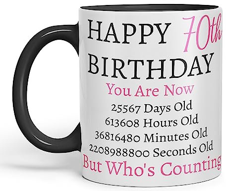 Vixar But Who's Counting Happy 70th Birthday Ceramic Coloured Mug Cup Gift Days Hours Minutes (Pink) (Black)