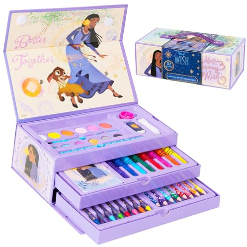 Disney Wish Malset für Kinder, 40+ Teile Bastelset Kinder mit Wasserfarben & Malzubehör - Geschenke für Mädchen ab 3 Jahren