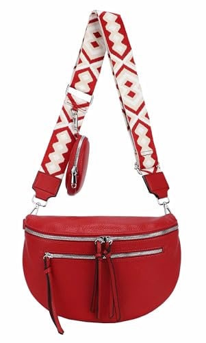 ITALYSHOP24 Damen Tasche Umhängetasche Brusttasche Muster Gürtel Bauchtasche Crossbody Gürteltasche Hüfttasche Crossover Bodybag Schultertasche Handytasche Leder Optik Rot