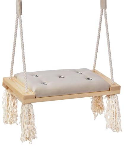 Love Gifts® Schaukel - Kinderschaukel ab 5 Jahre aus Holz, geeignet auch als Indoor Schaukel, montierbar an der Decke sowie im Türrahmen, Beige mit Glassteinen