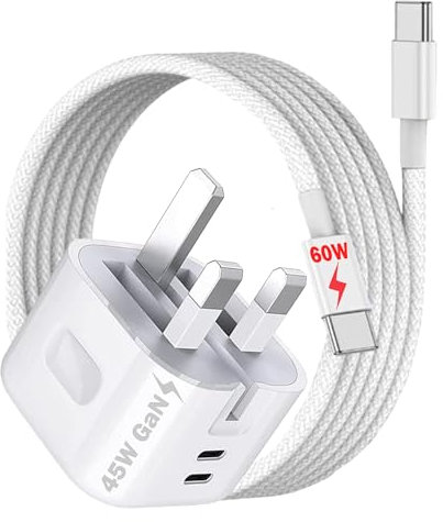 DN-Technology 45W Charger for iPhone 16e / 16 Pro Max / 16 Pro / 16 Plus / 16/15 / 15 Pro Max / 15+ / 15 Pro Charger Plug Foldable + 60W Super Fast USB C to USB C Charging Cable for iPhone (White)