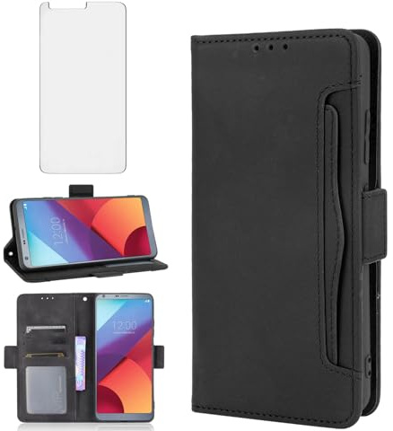 Asuwish Handyhülle für LG G6 Hülle mit Glas Folie Schutzfolie Kartenfach Klappbar Leder Geldbörse Ständer Handyhüllen Panzerfolie LG6 G 6 ThinQ H870 Handy Hüllen Schutzhülle Cover Phone Case Schwarz