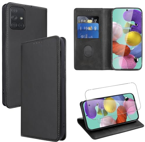 Vauki Funda Cuero para Samsung Galaxy A51 4G con 1 Cristal Templado Carcasa PU Tipo Cartera Soporte Tarjetas Case Soporte Plegable Tapa Libro Movil Flip Caso para Samsung Galaxy A51 4G 6.5, Negro