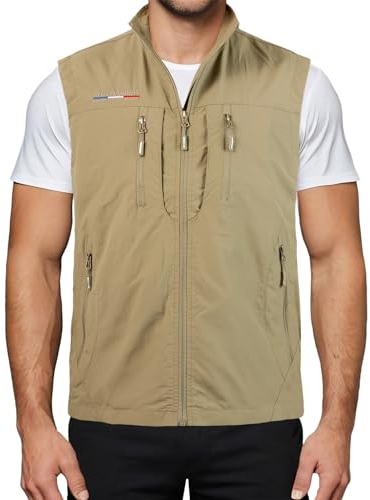 Harbrosrce Herren Outdoor Weste Standkragen Anglerweste Golf Leicht Gilet Schnelltrocknende Ärmellose Jacke Arbeitsweste Jagdweste mit Vielen Taschen für Safari Fotografie