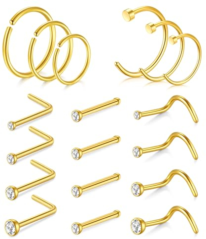 AVYRING 18G Gold Nasenstecker, Edelstahl Nasenstecker Schrauben mit Zirkonia, Nasenstecker Ringe Hoop Set für Frauen Männer, Packung mit 18 Stück