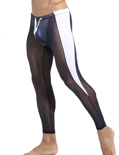 SEAUR Herren-Yogahose aus Netzstoff, durchsichtig, Kompressionsstrumpfhose, Workout-Leggings, transparent mit Kordelzug, marineblau, 27-32