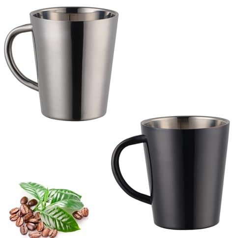 TUPMFG 2Pcs 300ml/10oz Stainless Steel Coffee Mug, Double Walled Coffee Cup, Metal Insulated Mug, Camping Mugs, with Handle,for Travel,Home,Office (Silver+Black)