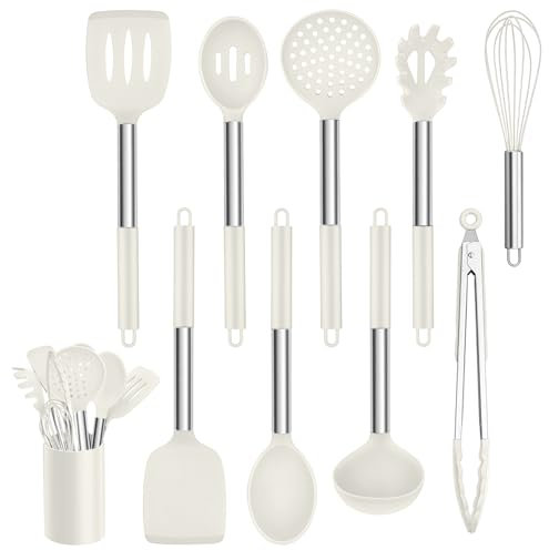 Homikit Juego de utensilios de cocina de silicona, 10 piezas con mango de acero inoxidable, antiadherente, con soporte para utensilios, color blanco