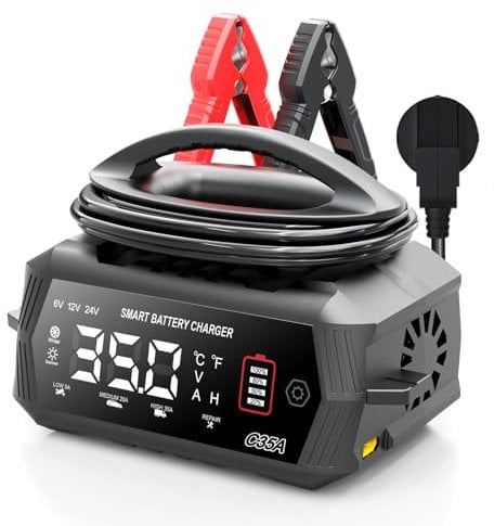 HTRC Chargeur Batterie Voitures 6V/12V/24V, Chargeur Voiture 35A, Chargeur de Batterie Voiture, Chargeur de Batterie Intelligent pour Batteries au Lithium LiFePO4 Plomb-Acide(AGM, Gel, MF, EFB, SLA)