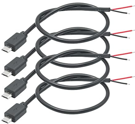 4Pcs Short Micro USB Male 2 Pin Bare Wire,30cm/11.8in Micro USB to Open End Pigtail Power Cable Easy Soldering,5V/3A Equipment Installed or Replace Repair DIY Cable