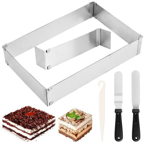 DINSONG Backrahmen Rechteckig Verstellbar,Edelstahl Backform Rechteckig Tortenring Verstellbare Kuchenform Eckig mit Teiler,Spatel,für Kuchen Torten Pizza Backen Party Dekorieren