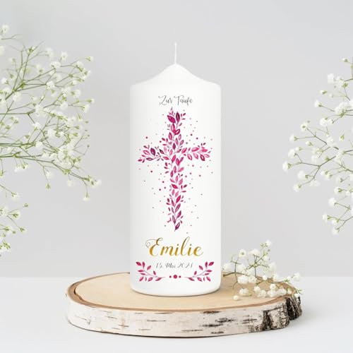 Wandtattoo Loft Taufkerze Mädchen personalisierte Patenkerze, Motiv Kreuz aus pinken Blättern, 18cm x 7cm, personalisierte Kerze, bedruckte Kerze Taufe, Geburtskerze, Stumpenkerze, Taufgeschenk
