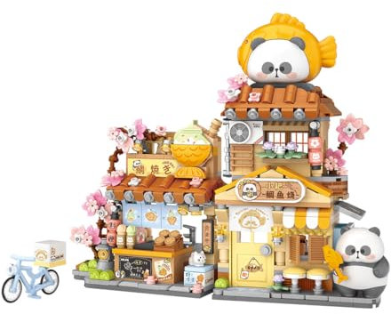 LootPop Panda Taiyaki-Laden Baustein-Set, Chinesischer traditioneller Imbiss-Straßen-MOC-Modell, mit dekorativen Blumen, Panda-Eigentümer und Taiyaki, Hübsches Ostergeschenk für Mädchen und Jungen