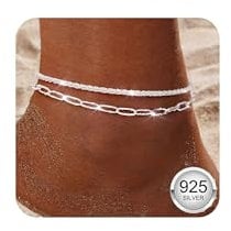 Diamday 925 Sterling Silver Ankle Bracelets for Women Silver Anklet Adjustable Women's Anklets Waterproof Dainty Layered Anklet Set Ankle Chains Beaded Rope Link Beach Anklets for Women B