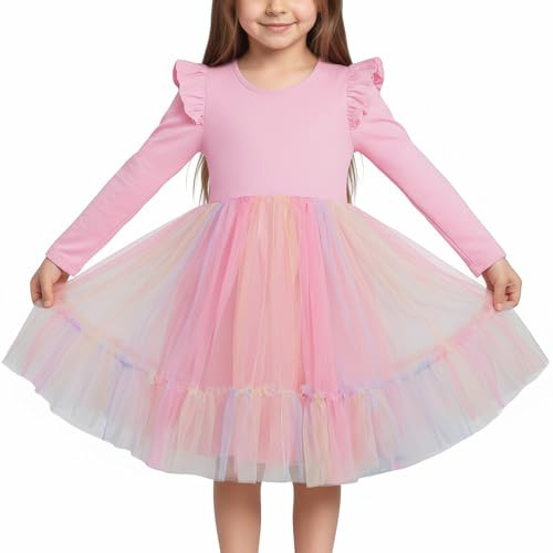 Valcatch Girls Princess Tulle Dress, Kids Ruffle Long Sleeve Rainbow Gradient Tutu Party Dress for Casual Everyday, Christmas, Birthday & Wedding, Pink, 3-4 Years