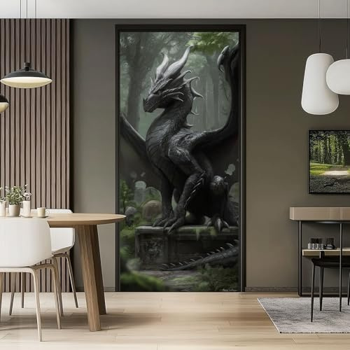 3D Türaufkleber Selbstklebend PVC 90 x 200 cm, Abnehmbar Schwarz Wasserdicht Schlafzimmer küche bad büro Dekoration Türtapete - Orientalische Fantasy Tier Drachen Thema Innen Türaufkleber