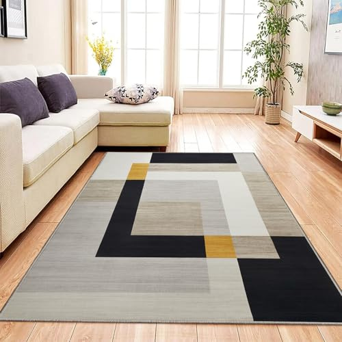 Aspire Homeware Rugs living room Bedside Rug 80 x 150 cm – Non-Shedding Floor Playing Mats for bedroom Lounge – Super Soft Geometric Style Printed Black and Yellow Rugs (Milo)