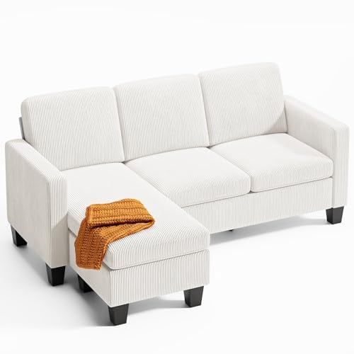 Xbro Ecksofa L-Form Sofa 3-Sitzer mit Chaiselongue, kleines Ecksofa aus Leinen-Baumwoll-Mischgewebe, Cord Cloud Sofa, 188 x 136,5 x 89 cm, Weiß