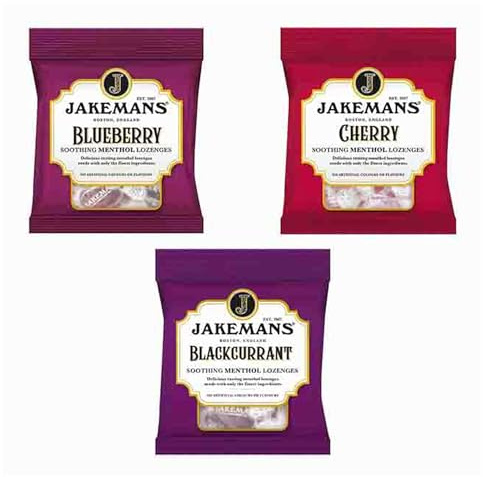 Jakemans Fruit Cough Drops Assortment 3-Pack - Blackcurrant, Blueberry & Cherry Flavours,Soothing Relief for Coughs, Dry Throats & Sore Throats, Voice Care Repair, Natural Menthol Lozenges