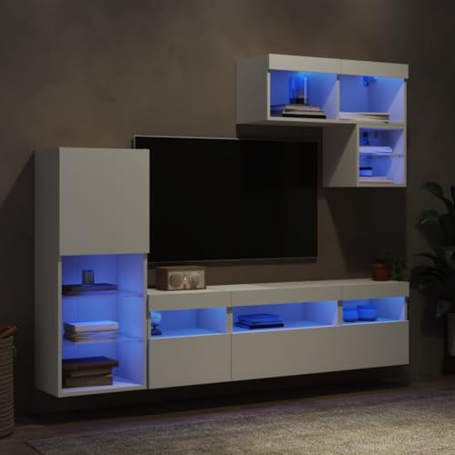 Ziaphsol 6-TLG. Wohnwand mit LED-Beleuchtung, Weiß Holzwerkstoff, Wandmontage, Modernes Design, für Wohnzimmer, Schlafzimmer, Medien & Bücher