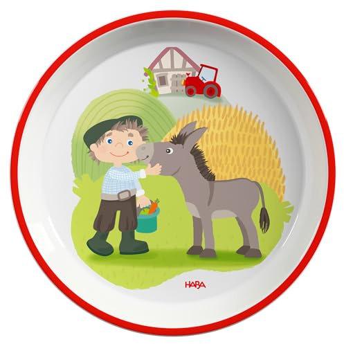 HABA Kinderteller Bauernhof – Praktischer Melamin-Teller mit Traktor-Motiv – Rutschfest – Spülmaschinengeeignet – Ab 12 Monaten – 2012441002