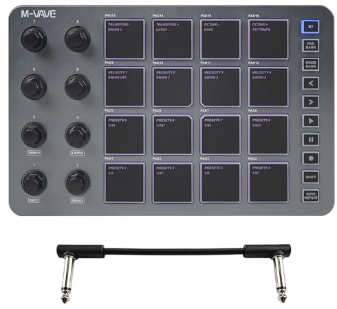 M-VAVE SMC-PAD MIDI-Controller, Bluetooth, kabellos, tragbar, MIDI-Pads mit geschwindigkeitsempfindlichen Pads, Beat Maker, weißes 6,35-mm-Audiokabel (grau)