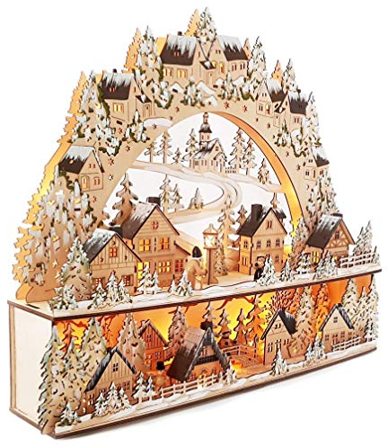 Wichtelstube-Kollektion Großer XXL Lichterbogen Weihnachten, Schwibbogen, Schwippbogen Weihnachten, Echtholz, Handgemacht, Detailreich verziert, Batteriebetrieben