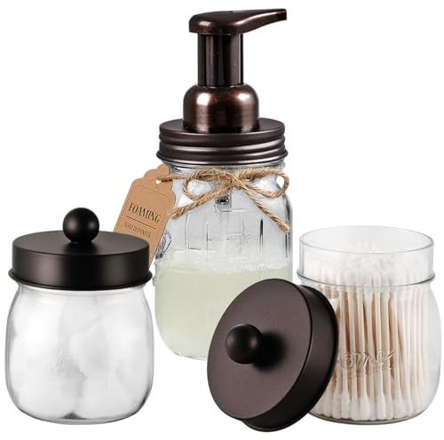 Mason Jar Bathroom Accessories Set - Mason Jar Foaming Hand Soap Dispenser and Qtip Holder Set - Rustic Farmhouse Decor Apothecary Jars Bathroom Countertop and Vanity Organizer (Bronze)-Patent Pending