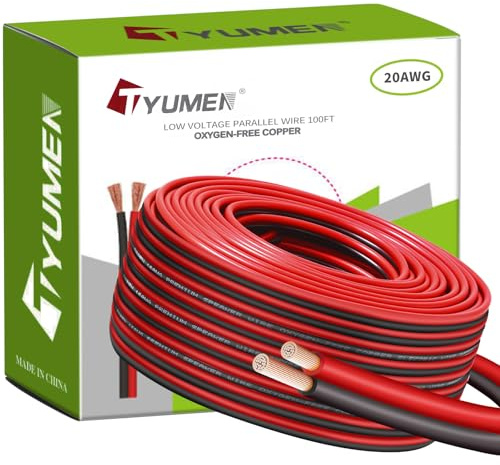 TYUMEN 100FT 20 Gauge 2pin 2 Color Red Black LED Strip Wire, 20AWG OFC 12V/24V DC Extension Cable for Single Color LED Strips 3528 5050