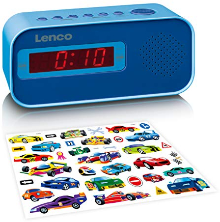 Lenco 810004 Radio Reloj Infantil cr-205 - Despertar Dos Horas - Radio FM PLL - función de repetición - atenuador - Adhesivo - Azul