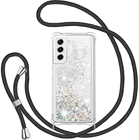 TUUTPU Handyband für Samsung Galaxy S21 FE Hülle mit Band, Glitzer Treibsand Handyhülle mit Kordel zum Umhängen Transparent Stoßfest Schutzhülle mit Kette Schnur, Quicksand Necklace Case in Schwarz