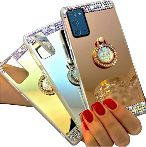 monjour Handyhülle für Samsung Galaxy A21s 2020 Handy Hülle mit Ring in Rosa + Schminkspiegel Silikon Halterung mit Bling Bling Glitzer Handytasche Brosche