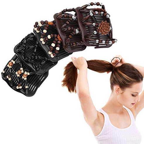 5pcs Haarkämme Vintage Perlen Dehnbar Magische Clips, Holzperlen Doppel Haarkamm Clip Dehnbar Frauen Haarschmuck Haarstyling-Werkzeug, Doppelkamm Haarspangen, Magischer Haarkamm