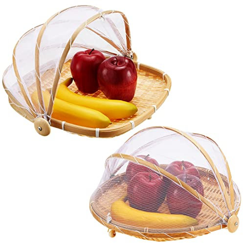 Patelai 2 Pieces Covered Bamboo Serving Food Tent Basket Outdoor Food Covers with Gauze Bread Storage Basket Bamboo Fruit Bowl with Cover Mesh Serving Tray Cover, 2 Styles