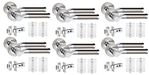 Golden Grace Titan Door Handles Lever, Dual Nickel/Chrome, 6 Pairs | Includes a 64mm tubular latch, ball bearing hinges, spindle, and screws for quick, hassle-free door installation.