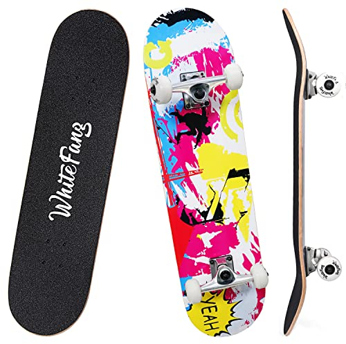 WhiteFang Skateboards für Anfänger, komplettes Skateboard 31 x 7,88, 7-lagig, kanadischer Ahorn, Double Kick, konkav, Standard und Tricks, Skateboards für Kinder und Anfänger (Pink Fantasy)