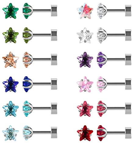 12 Pairs Surgical Stainless Steel Flat Back Stud Earrings, Screw Back Heart Star Square Teardrop Gold Plated Cubic Zirconia CZ Birthstone Stud Earrings Set (Silver star 3mm)