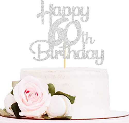 Sotpot Silver Glitter 60 Cake Topper, 60th Birthday Cake Decorations for Birthday Party Anniversary Party Supplies