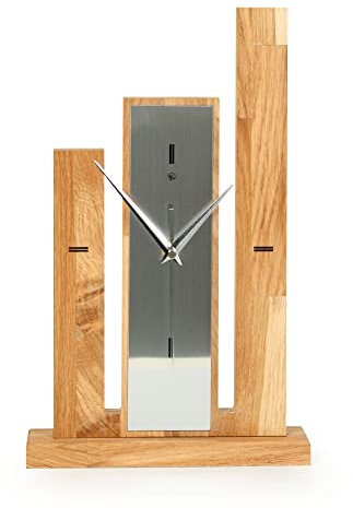 Kreative Feder Designer-STANDUHR „Stairs“ aus Massivholz – analoge TISCHUHR ohne Tickgeräusche (leises Quarzuhrwerk, Eiche)