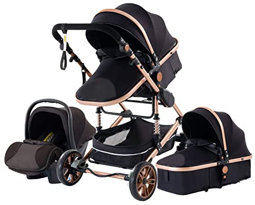 YAZOCO kinderwagen 3 in 1,Kombikinderwagen reisesysteme mit tragbar Wickeltasche Moskitonetz Regenschutz Fußsack, Zusammenklappen, Liegeposition Hohe Landschaft (3 Schwarzes Gold)
