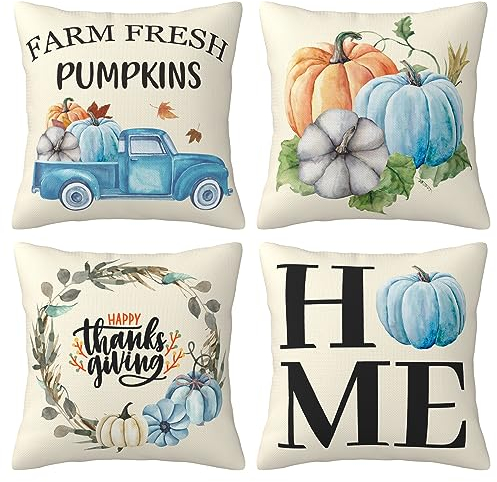 Thanksgiving Dekoration Kissenbezug,4 Stück Herbst Kissen, Kürbis Kissen, Herbst Kissenbezug, Kürbis Ahornblatt LKW Herbst Deko Kissenbezug für Schlafzimmer Büro Couch Wohnzimmer Deko,40 X 40cm