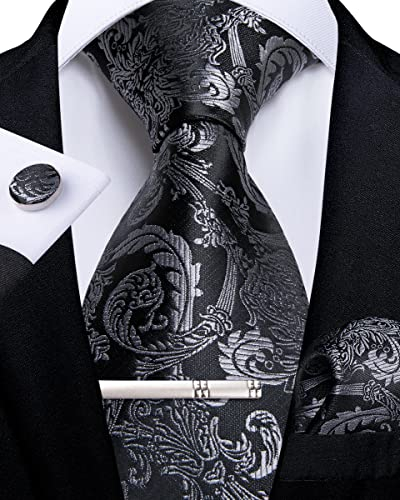 DiBanGu Herren Seide Paisley Krawatte Set Schwarz und Grau Krawatte für Herren Einstecktuch Manschettenknöpfe Krawattenklammer Set Formelle Geschäftsfeier