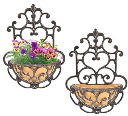 Sungmor Pflanzkorb zum Aufhängen an der Wand mit Stoffeinsatz, antiker Viktoria-Stil, Gusseisen, Wand-Pflanzgefäßhalter, Außengeländer, Zaun, Balkon, Metall-Hängekorb, halbrunde Blumentöpfe, 2 Stück